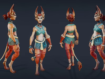 Fantasy Feline Character With Horns And Tail In Multiple Angles View With Green Orange Outfit 3d model