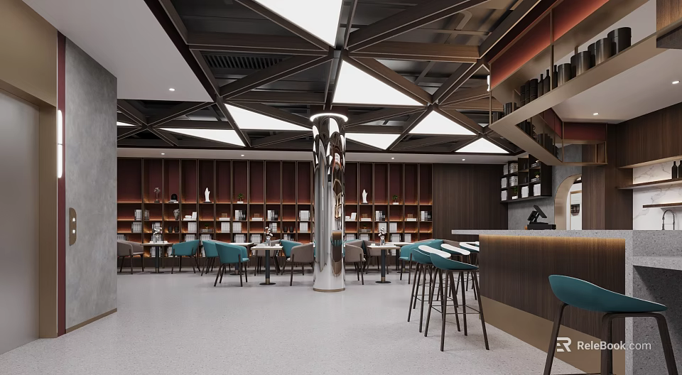 Elegant Modern Bar Interior With Wooden Wine Racks Metal Counter And Blue Stools 3d model 
