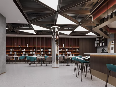 Elegant Modern Bar Interior With Wooden Wine Racks Metal Counter And Blue Stools 3d model