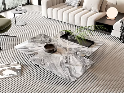Modern Living Room Marble Coffee Table With Plant Tray Bowl And Textured Rug 3d model