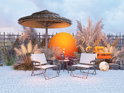 Cozy Outdoor Patio With Thatched Umbrella White Chairs Orange Sphere And Pampas Grass 3d model