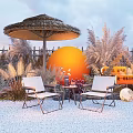 Cozy Outdoor Patio With Thatched Umbrella White Chairs Orange Sphere And Pampas Grass
