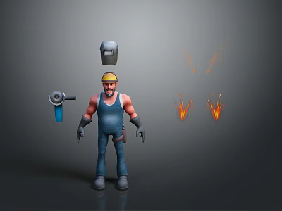 Cartoon Worker in Yellow Hard Hat Blue Overalls Holding Angle Grinder Welding Helmet and Sparks 3d model