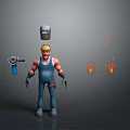 Cartoon Worker in Yellow Hard Hat Blue Overalls Holding Angle Grinder Welding Helmet and Sparks