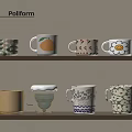 Colorful Decorative Cups With Various Patterns On Wooden Display Shelves