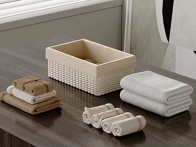 Square Beige Woven Storage Basket Organizing Brown And White Towels On Wooden Table 3d model