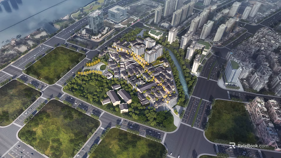 Birds Eye View Urban Planning With High Rise Buildings Traditional Architecture Green Spaces And Waterway 3d model 