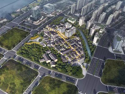 Birds Eye View Urban Planning With High Rise Buildings Traditional Architecture Green Spaces And Waterway 3d model