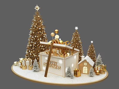 Christmas Photo Spot With Golden Trees Gift Boxes And Snow Decorations 3d model