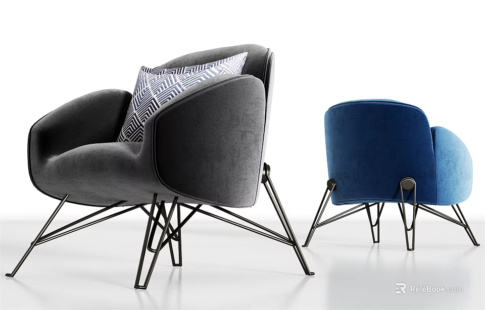 Modern Gray and Blue Armchairs with Metal Frame and Decorative Pillow Design 3d model 