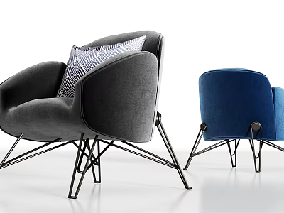Modern Gray and Blue Armchairs with Metal Frame and Decorative Pillow Design 3d model