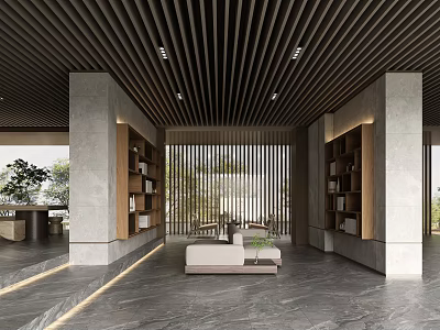 Modern Lounge Area Interior With Black Wooden Slat Ceiling Gray Marble Floor And Gray Columns 3d model