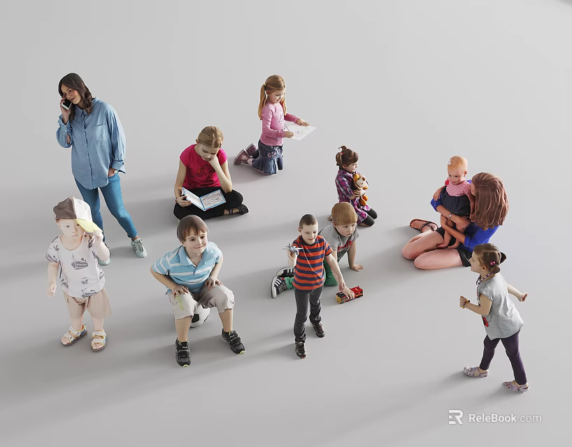 Group of People Including Adults and Children Talking Reading Playing Sitting Standing and Interacting 3d model 