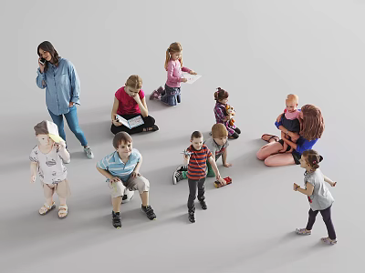 Group of People Including Adults and Children Talking Reading Playing Sitting Standing and Interacting 3d model