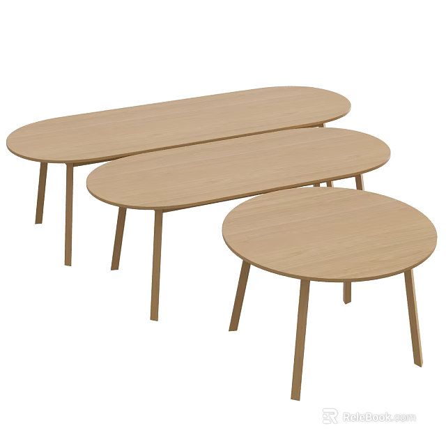 Light Wood Dining Table Set With Oval And Round Shapes And Slender Legs 3d model 