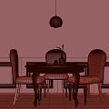 Elegant White Dining Table Set With Floral Chairs Hanging Lamp And Vase On Wainscoting Wall
