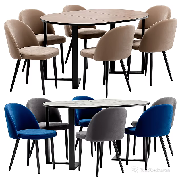 Modern Round Dining Table Set With Beige Blue Gray Upholstered Chairs Black Legs 3d model
