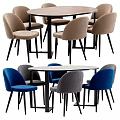 Modern Round Dining Table Set With Beige Blue Gray Upholstered Chairs Black Legs 3d model