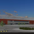 Modern Industrial Factory Building With Red Exterior Large Structure And Spacious Square Under Blue Sky