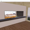 TVs With Snowy Mountain Display And Decorative Items On Black Shelf Against Light Wall