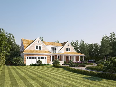 Charming Detached House Exterior With Yellow Roof White Walls Front Porch Green Lawn And Trees 3d model