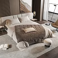 Double Bed Interior With Wooden Headboard Quilt Pillows Nightstand Lamp Armchair Rug And Wooden Floor