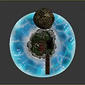 Floating Island Scene With Blue Sphere Castle And Hot Air Balloon