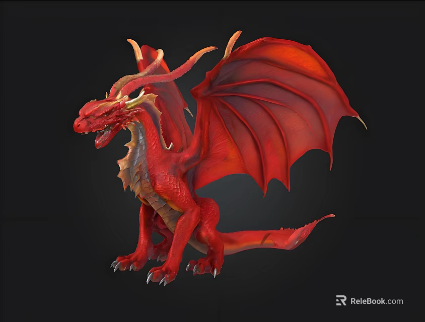 Detailed Red Fantasy Dragon With Large Wings And Scaled Body Design 3d model 