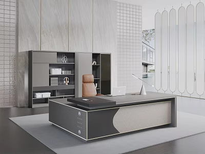 Modern Public Office Space Interior With Executive Desk Bookshelf And Tile Wall Partition 3d model