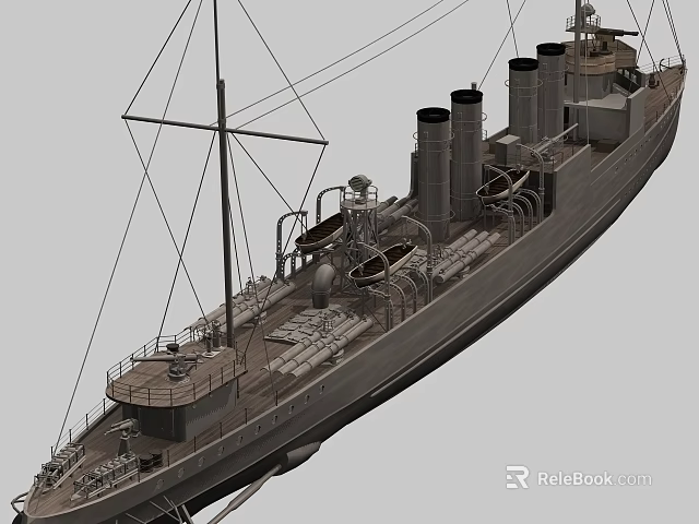 3D Model Of A Warship With Masts And Funnels 3d model
