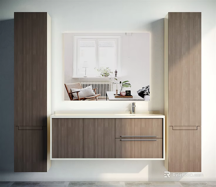 Sleek Bathroom Vanity With Wooden Base Cabinets And Mirror Above 3d model 