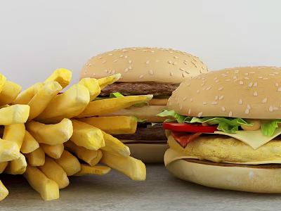 Delicious Juicy Hamburgers With Fresh Lettuce Tomato Cheese And Crispy French Fries 3d model