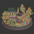 Traditional Asian Architectural Scene Model With Pagoda Golden Trees And Circular Base