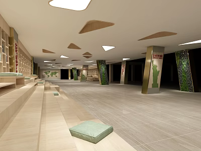 Modern Indoor Lounge With Benches Green Cushions Decorative Ceiling Lights And Columns 3d model