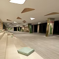 Modern Indoor Lounge With Benches Green Cushions Decorative Ceiling Lights And Columns