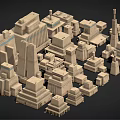 Cartoon Scene Of Ancient Stone Buildings With 3D Pyramids Temples Dense Earth Yellow Models