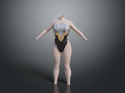 Fashionable Bodysuit In Silver Gold Black Design Displayed On Mannequin 3d model