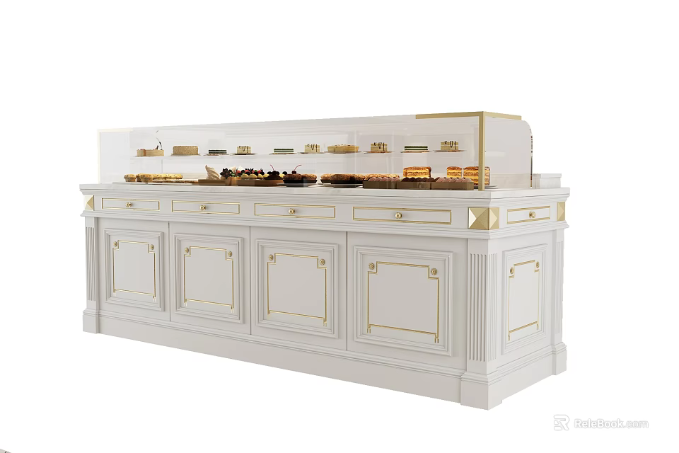 Elegant White Display Cabinet With Gold Accents And Glass Cover For Displaying Pastries 3d model 