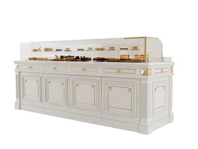 Elegant White Display Cabinet With Gold Accents And Glass Cover For Displaying Pastries 3d model