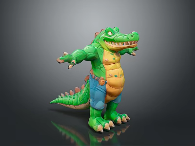 Cartoon Style Green Crocodile Reptile Figure Standing Pose With Arms Outstretched Blue Pants Yellow Belly 3d model