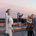 Group of People Relaxing Outdoor Evening Sitting on Benches with Sunset Sky and Smartphones