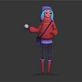 Colorful Cartoon Character With Turquoise Hair Purple Hat Red Hoodie Holding White Ball Shoulder Bag