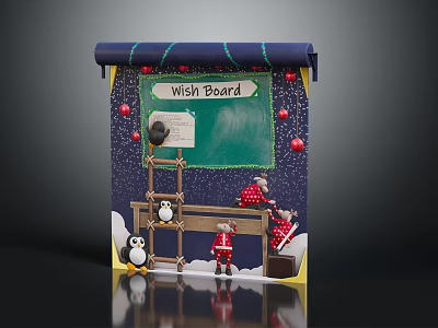 Festive Wish Board With Chalkboard Ladder Penguin Red Ornaments And Red Elves 3d model