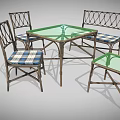 Wicker Table and Chair Set with Green Glass Top Plaid Cushioned Chairs and Side Table
