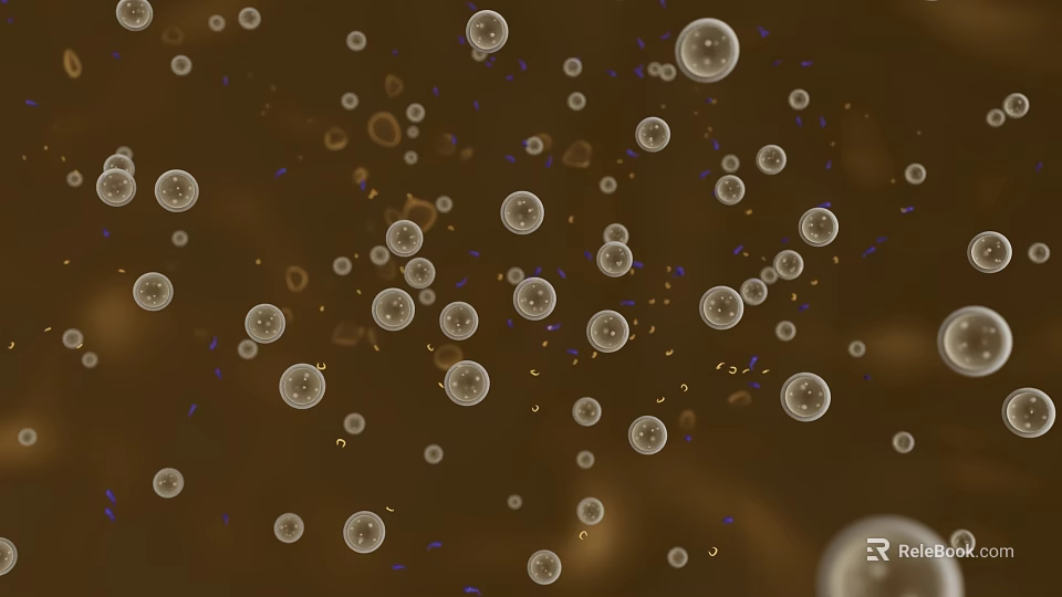 Round Transparent Bubbles Floating On Brown Background With Small Colorful Particles 3d model 
