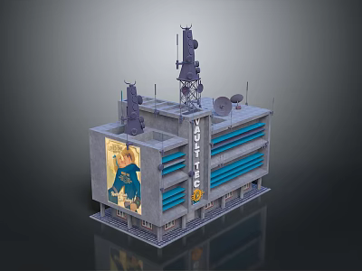 Multi Story Building With Tasty Food Sign Antennas Satellite Dishes And Blue Stripes Exterior 3d model