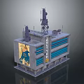 Multi Story Building With Tasty Food Sign Antennas Satellite Dishes And Blue Stripes Exterior
