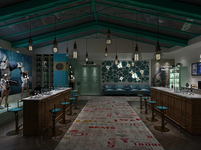 Elegant Bar Interior With Green Ceiling Pendant Lights Bar Counter Mural Wine Cabinets And Sofa 3d model