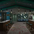Elegant Bar Interior With Green Ceiling Pendant Lights Bar Counter Mural Wine Cabinets And Sofa