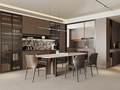 Modern Dining Table Set With Leather Chairs And Marble Top In Contemporary Kitchen Interior 3d model